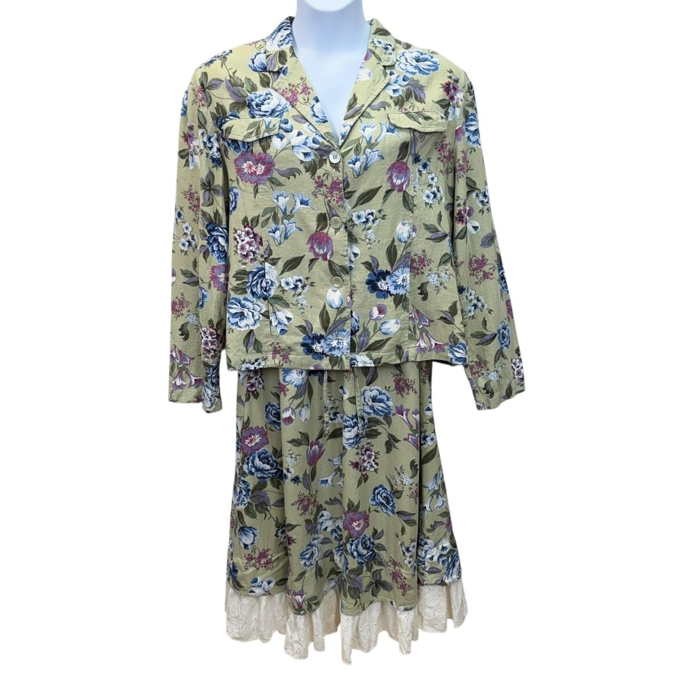 White Stag Skirt Set Womens 16P Green Floral Linen Rayon Two Piece Outfit